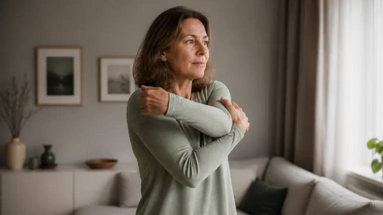 Frau dehnt im hellen Wohnzimmer vorsichtig ihre Schulter