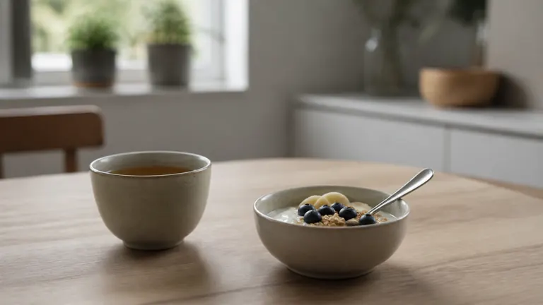 Kräutertee neben einer Schale Joghurt auf dem Frühstückstisch
