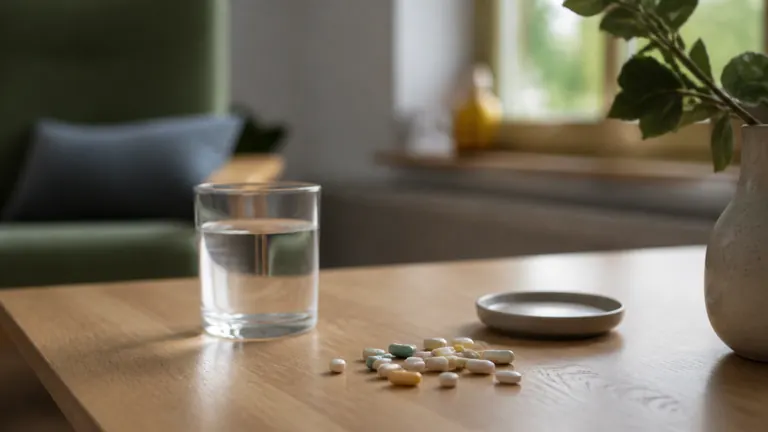 Verschiedene Tabletten und Kapseln neben einem Wasserglas