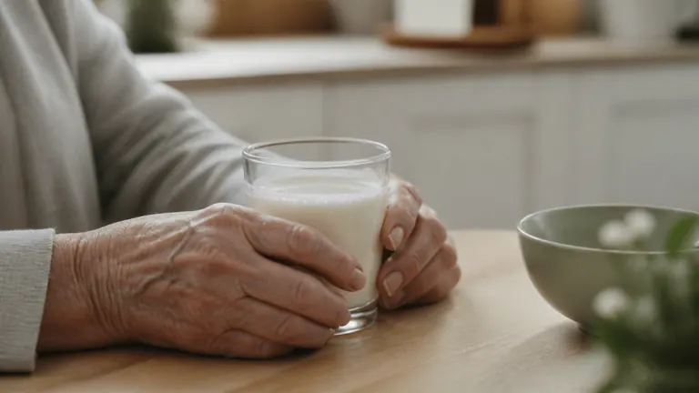 Ältere Hände halten ein Glas Milch am Küchentisch