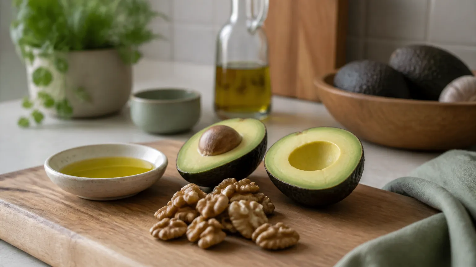 Avocadohälften, Walnüsse und Olivenöl auf einem Holzbrett