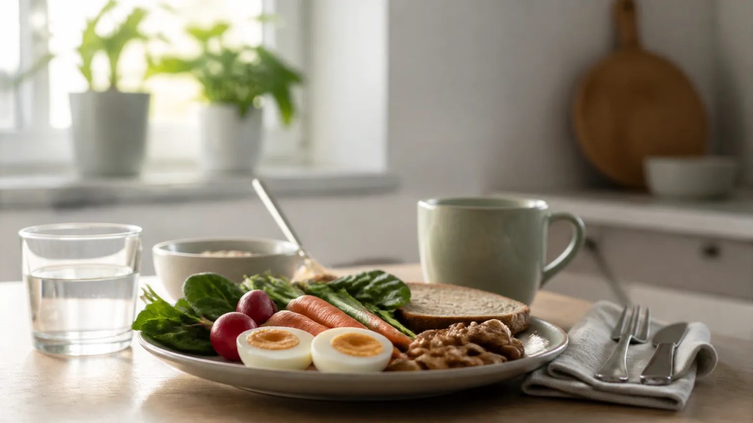 Teller mit Eiern, Gemüse und Nüssen am Morgentisch