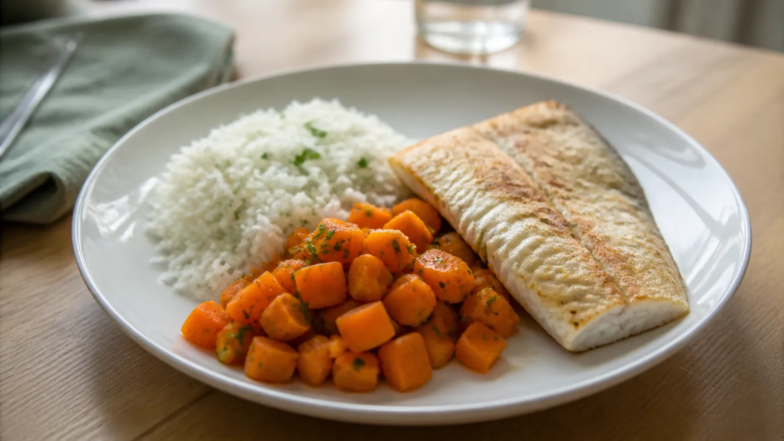 Schlichter Teller mit Reis, Karotten und gegrilltem Fisch