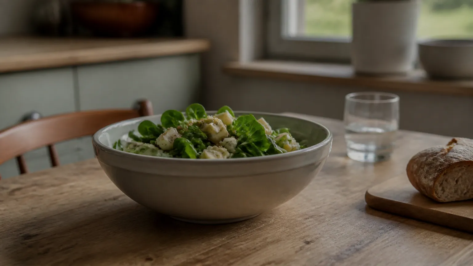 Schale mit Blattgemüse und Käsewürfeln auf Holztisch