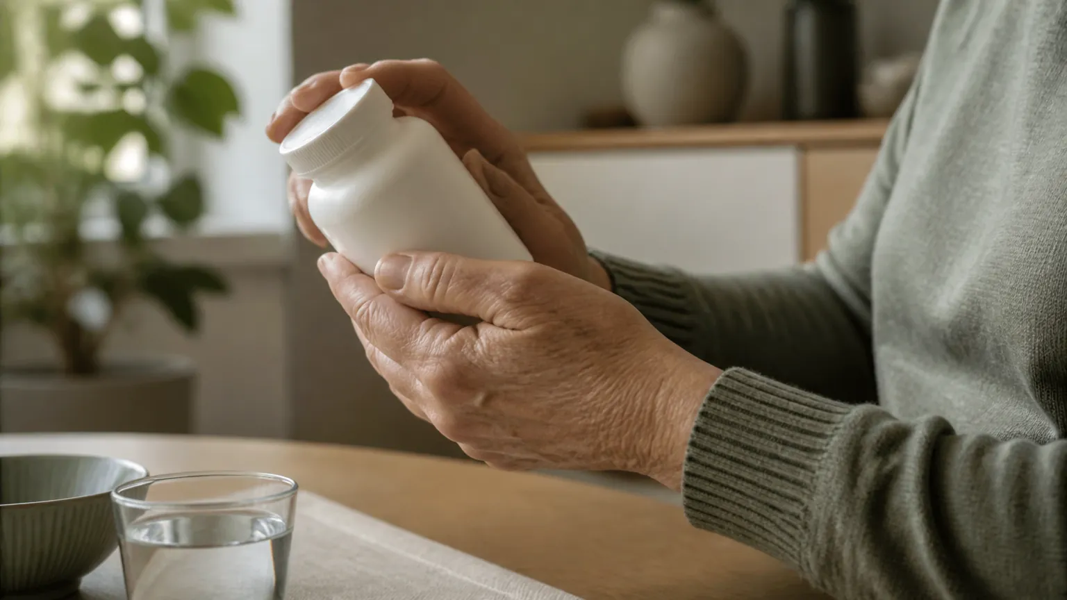 Ältere Hände drehen eine schlichte Flasche ohne Etikett